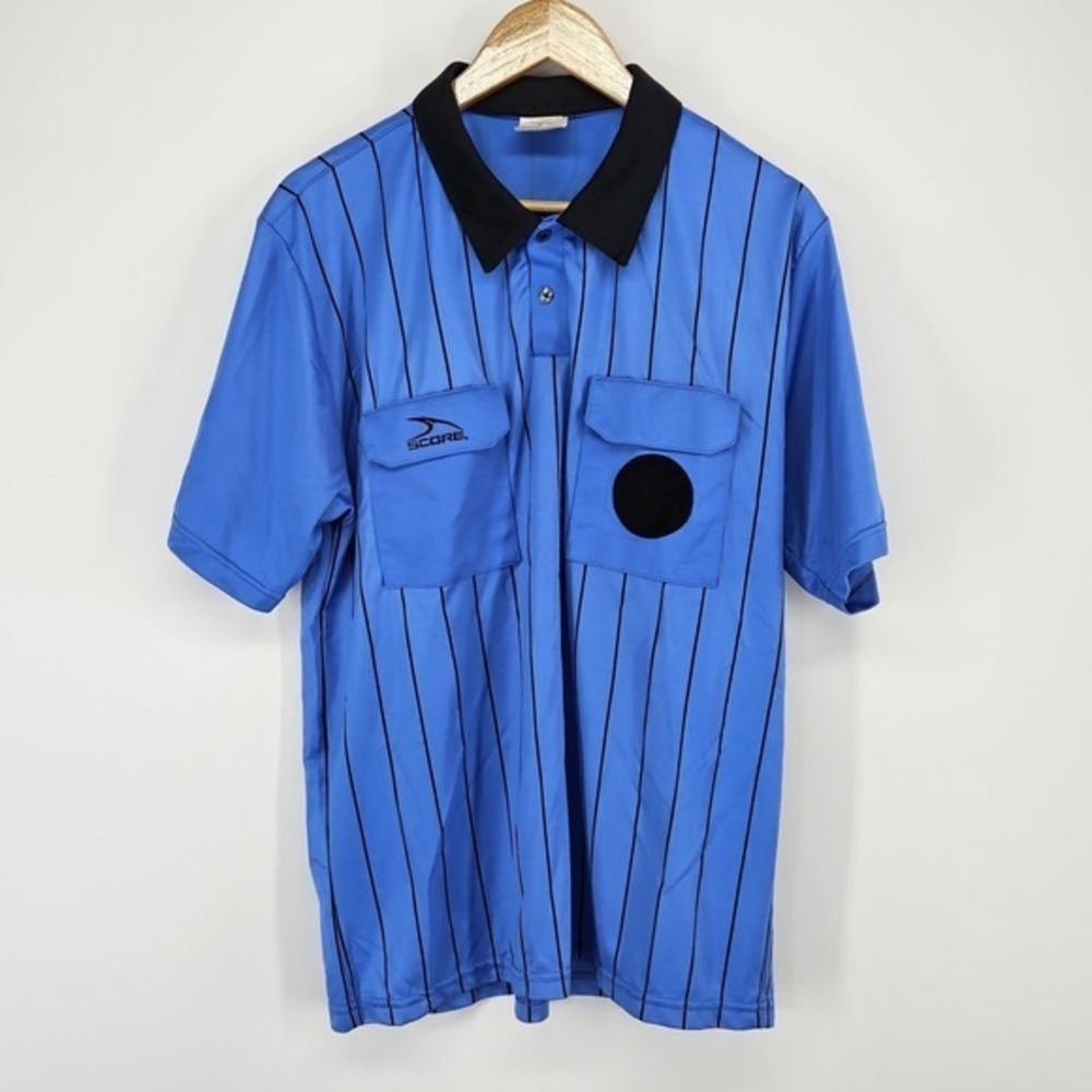 SCORE Soccer Blue‎ & Black Referee Jersey Shirt Short Sleeve Adult Large Striped
